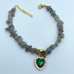 Labradorite Chip Bracelet with Green Heart Crystal Pendant & Gold Accents
